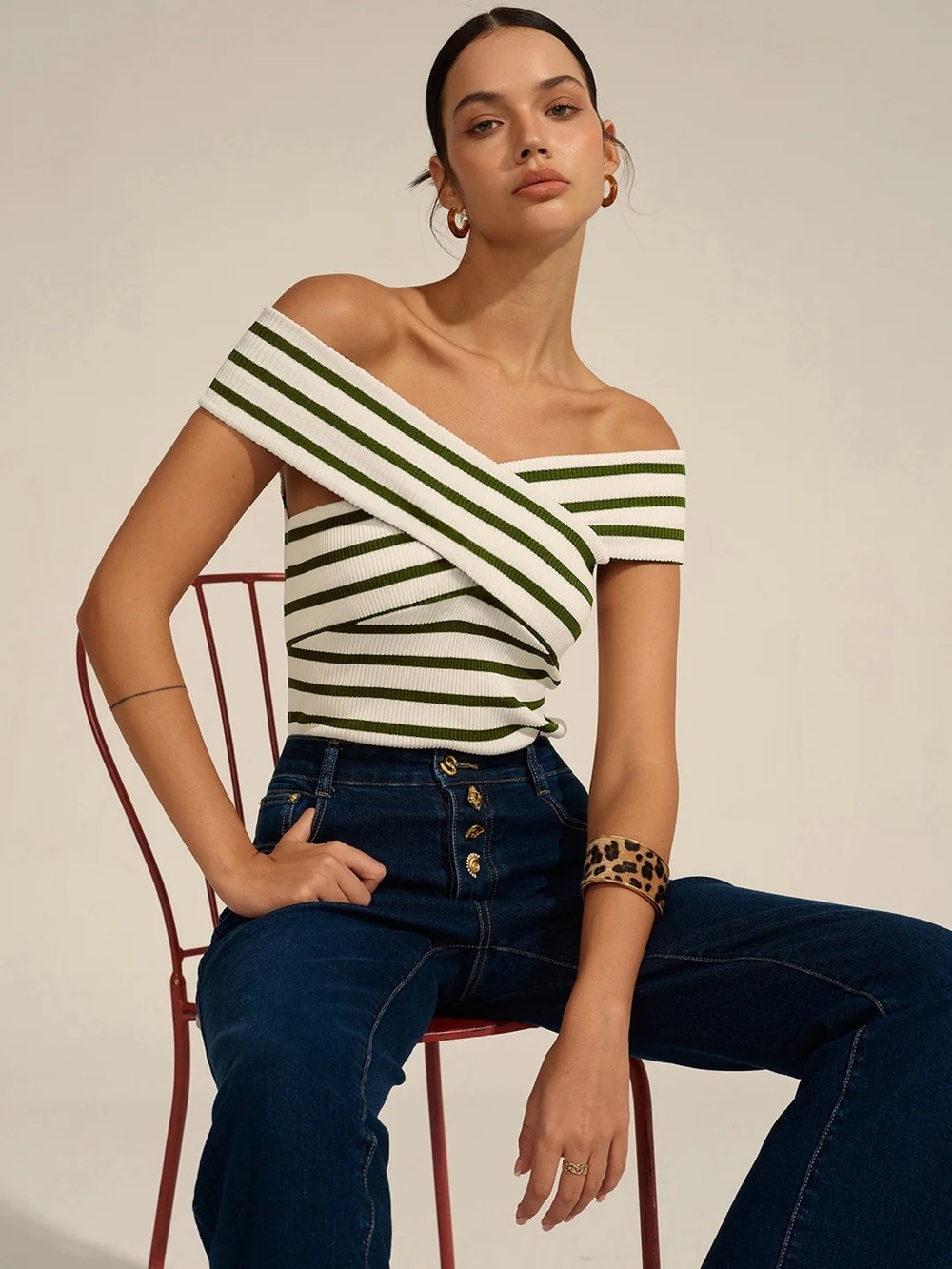 Commense Off-the-Shoulder Olive Green & White Striped Knit Top